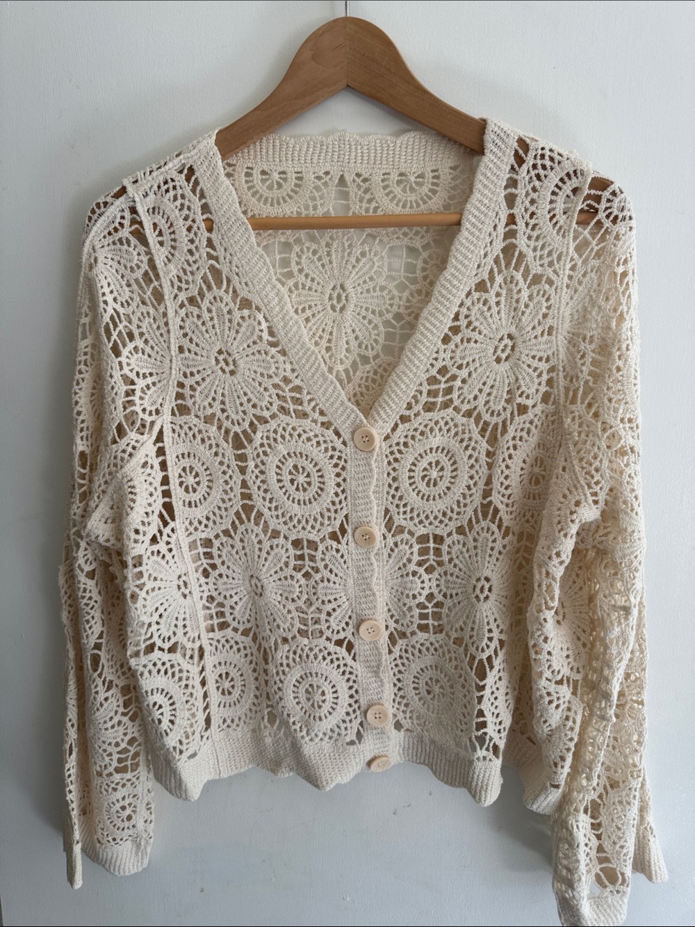 Openwork Crochet V-Neck Cardigan Sweater - Cream